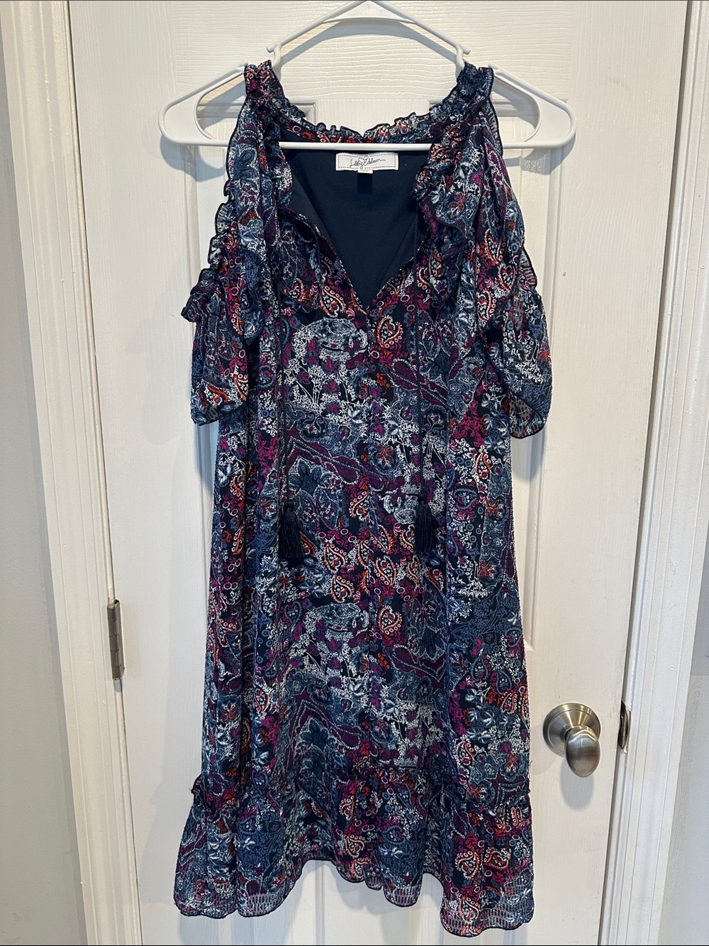 libby. edelman Navy and Burgundy Paisley Cold-Shoulder Midi Dress